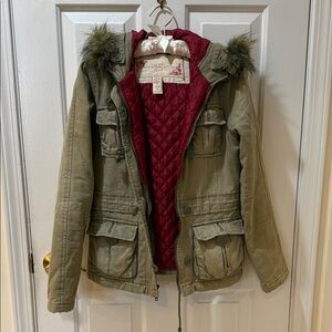 Abercrombie & Fitch Olive Jacket with Burgundy Lining